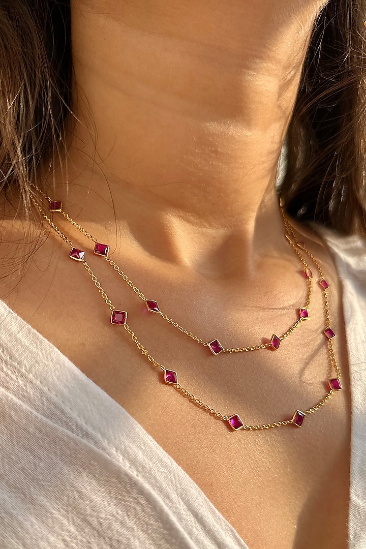 Gold Finish Pink Tourmaline Necklace In Sterling Silver by Eterno India