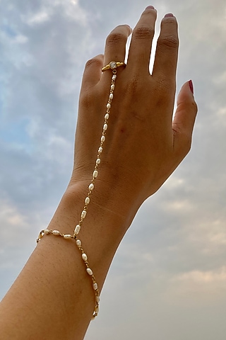 Gold Finish Basra Pearl Hand Harness In Sterling Silver by Eterno India