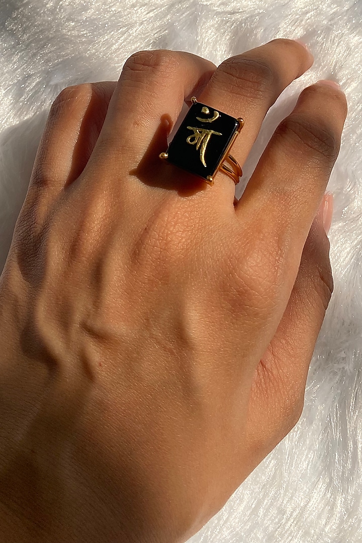 Gold Finish Black Onyx Ring In Sterling Silver by Eterno India
