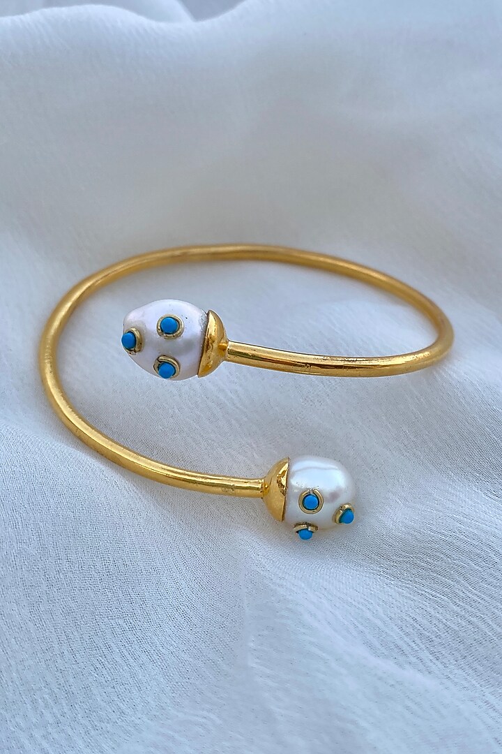 Gold Finish Pearl Cuff In Sterling Silver by Eterno India at Pernia's Pop Up Shop