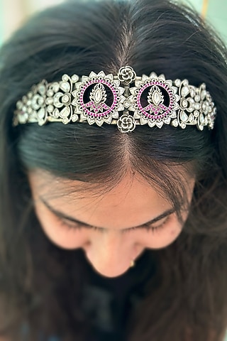 Black Rhodium Finish Kundan Polki Hairband In Sterling Silver by Eterno India