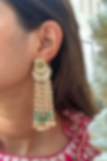 Gold Finish Kundan Polki & Freshwater Pearl Dangler Earrings In Sterling Silver by Eterno India at Pernia's Pop Up Shop