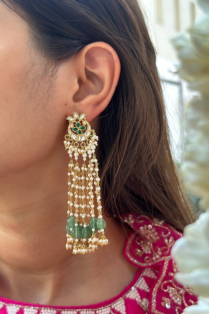 Gold Finish Kundan Polki & Freshwater Pearl Dangler Earrings In Sterling Silver by Eterno India at Pernia's Pop Up Shop