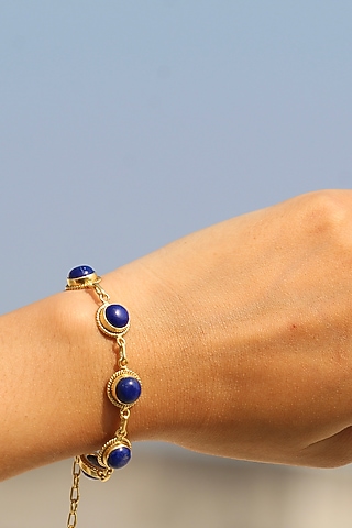 Gold Finish Lapis Lazuli Bracelet In Sterling Silver by Eterno India