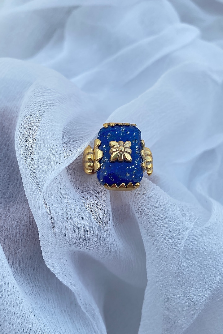 Gold Finish Lapis Lazuli Ring In Sterling Silver by Eterno India