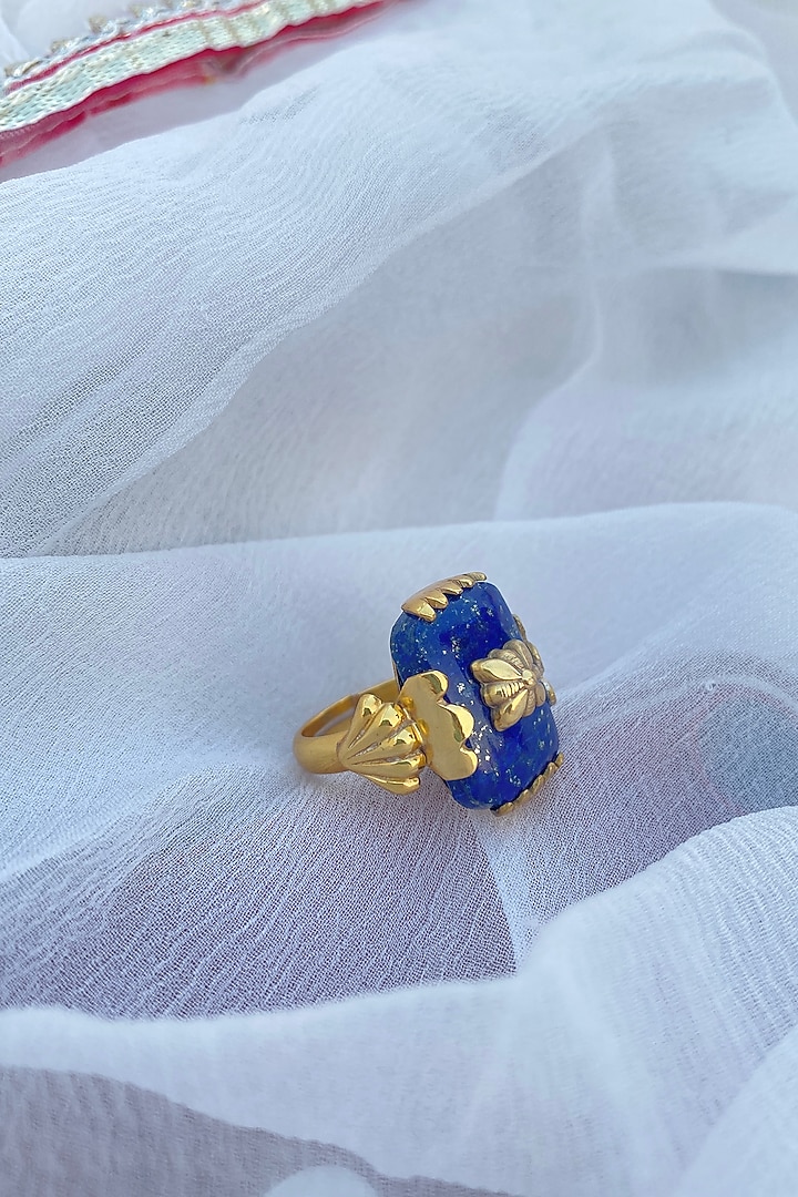 Gold Finish Lapis Lazuli Ring In Sterling Silver by Eterno India at Pernia's Pop Up Shop