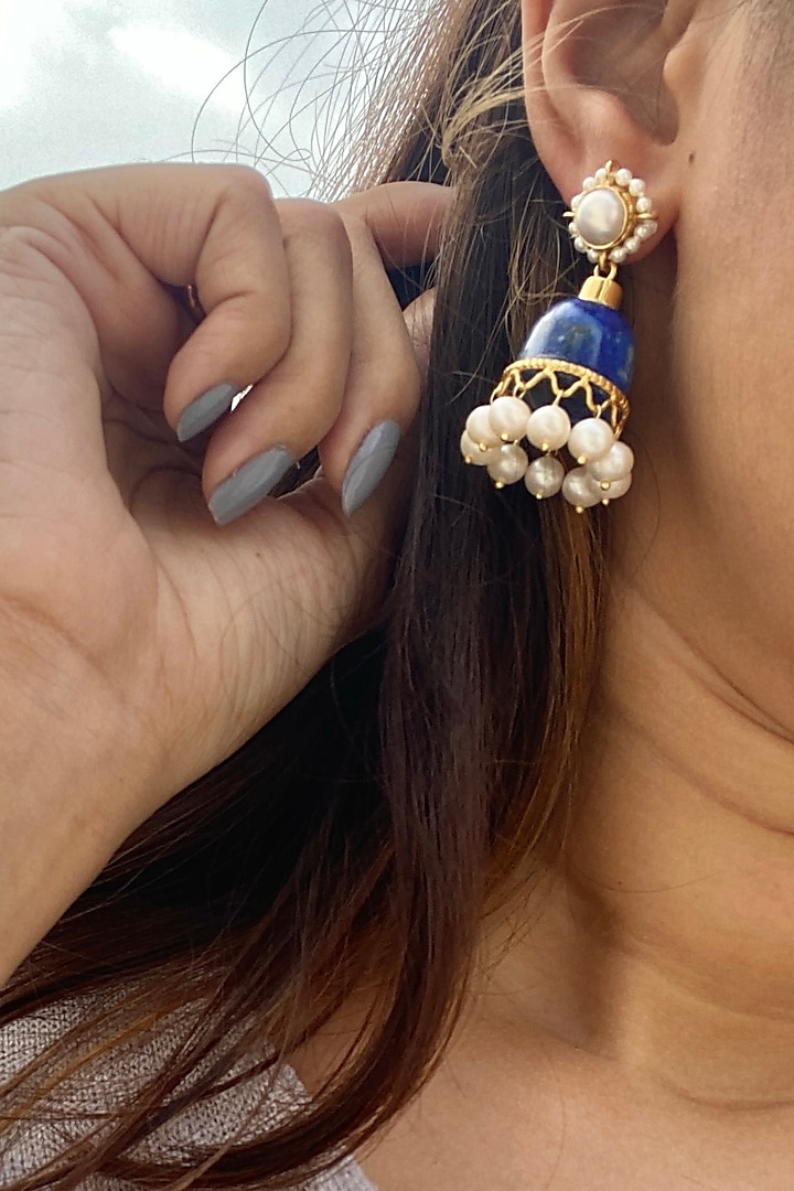 Gold Finish Lapis Lazuli & Pearl Jhumka Earrings In Sterling Silver by Eterno India at Pernia's Pop Up Shop