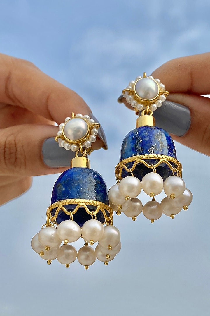 Gold Finish Lapis Lazuli & Pearl Jhumka Earrings In Sterling Silver by Eterno India at Pernia's Pop Up Shop