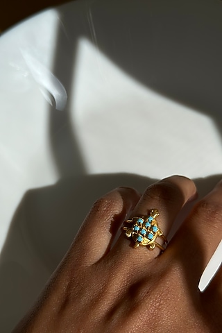 Gold Finish Turquoise Stone Ring In Sterling Silver by Eterno India