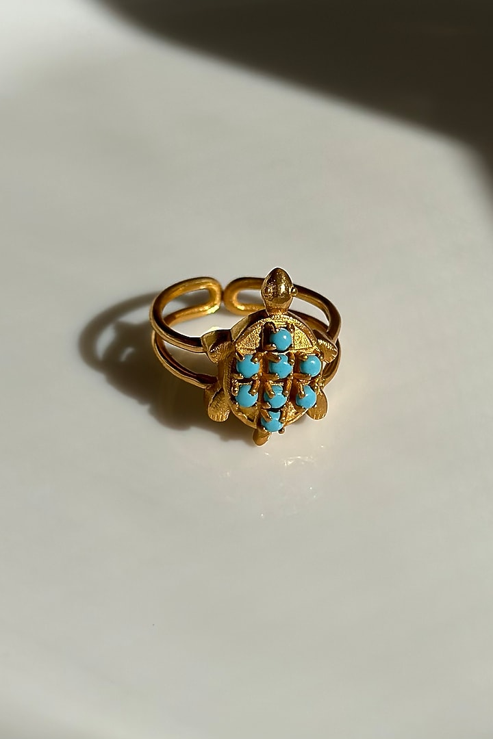 Gold Finish Turquoise Stone Ring In Sterling Silver by Eterno India at Pernia's Pop Up Shop