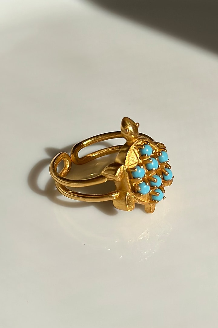 Gold Finish Turquoise Stone Ring In Sterling Silver by Eterno India at Pernia's Pop Up Shop