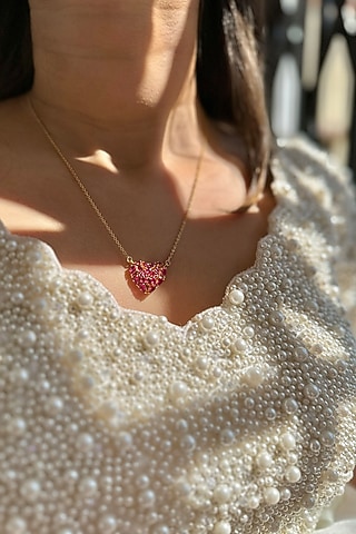 Gold Plated Pink Tourmaline Stone Necklace In Sterling Silver by Eterno India