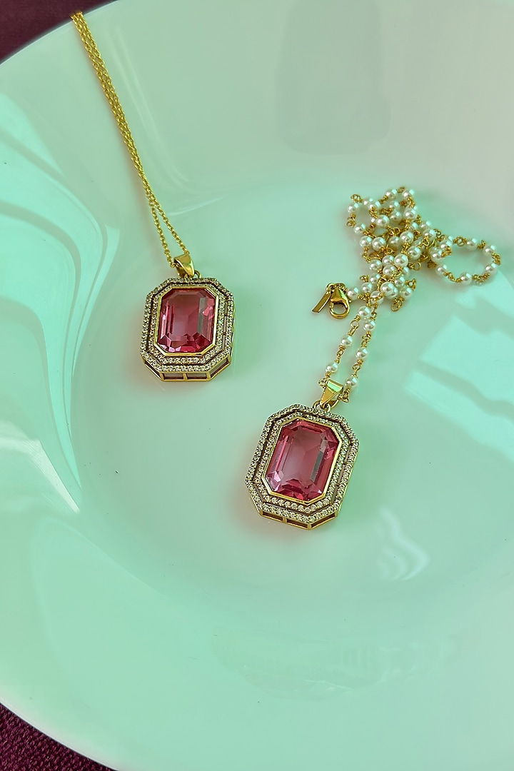 Gold Finish Swarovski & Rubellite Dangler Earrings In Sterling Silver by Eterno India