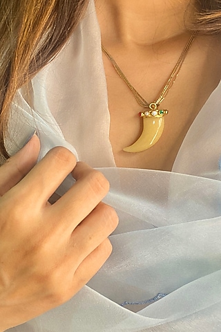 Gold Finish Navratna Pendant Necklace In Sterling Silver by Eterno India