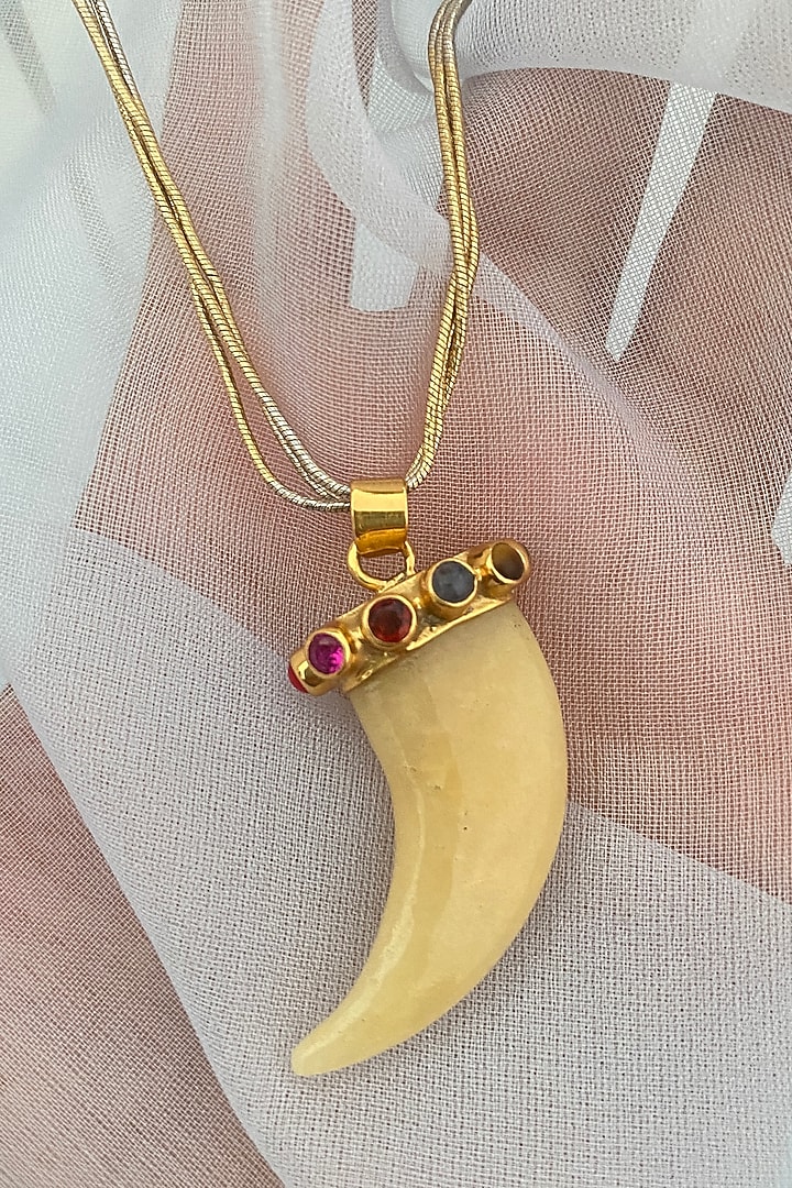Gold Finish Navratna Pendant Necklace In Sterling Silver by Eterno India at Pernia's Pop Up Shop