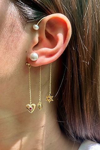 Gold Finish Ruby & Freshwater Pearl Earcuff In Sterling Silver by Eterno India