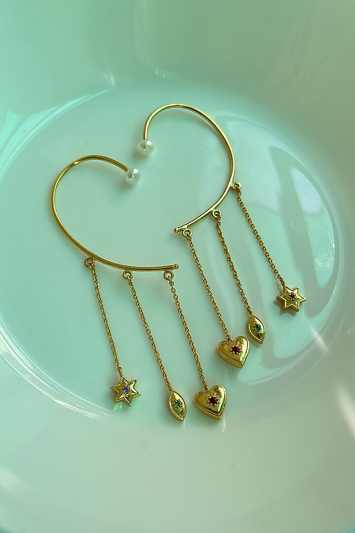 Gold Finish Ruby & Freshwater Pearl Earcuff In Sterling Silver by Eterno India at Pernia's Pop Up Shop