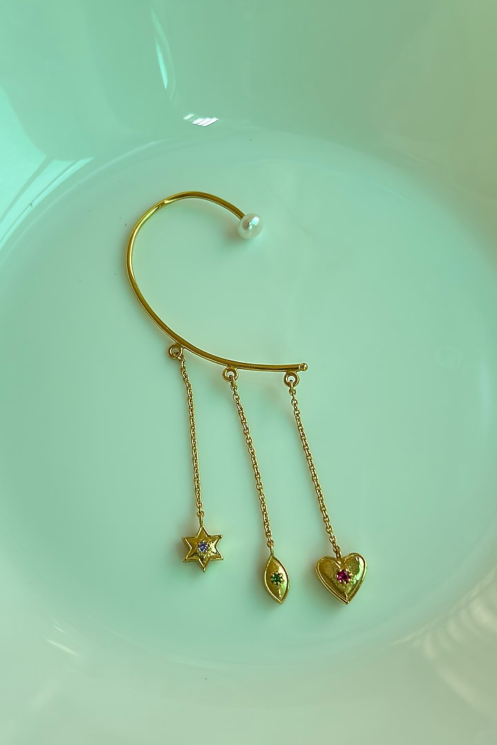 Gold Finish Ruby & Freshwater Pearl Earcuff In Sterling Silver by Eterno India at Pernia's Pop Up Shop
