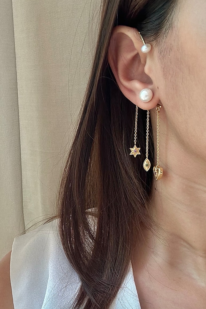 Gold Finish Ruby & Freshwater Pearl Earcuff In Sterling Silver by Eterno India at Pernia's Pop Up Shop