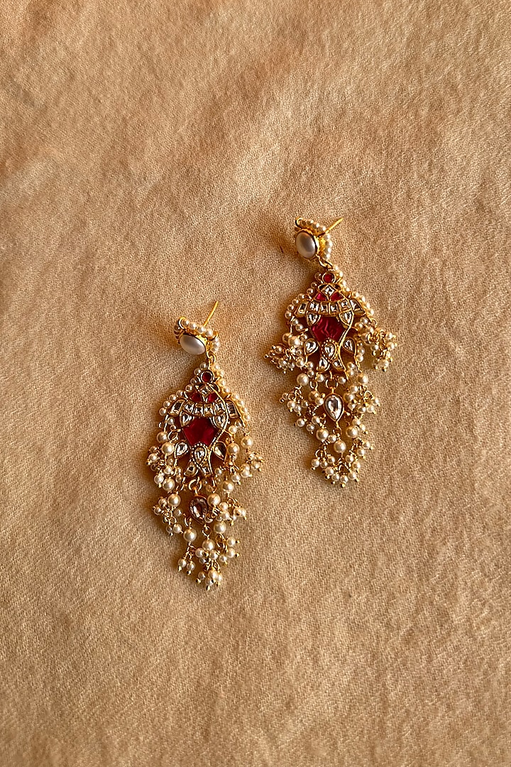 Gold Finish Swarovski & Rubellite Dangler Earrings In Sterling Silver by Eterno India at Pernia's Pop Up Shop