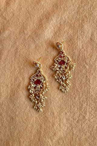 Gold Finish Swarovski & Rubellite Dangler Earrings In Sterling Silver by Eterno India