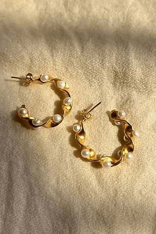 Gold Finish Freshwater Pearl Hoop Earrings In Sterling Silver by Eterno India