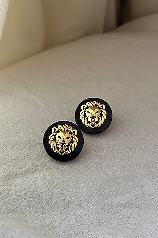Gold Finish Black Onyx Stud Earrings In Sterling Silver by Eterno India
