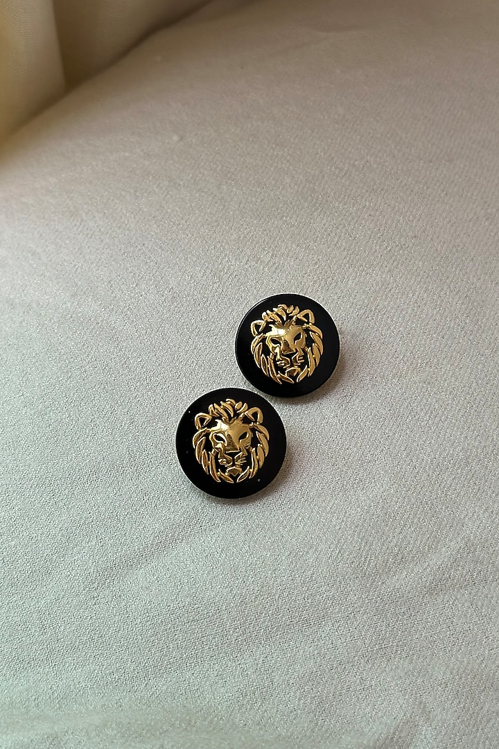Gold Finish Black Onyx Stud Earrings In Sterling Silver by Eterno India at Pernia's Pop Up Shop