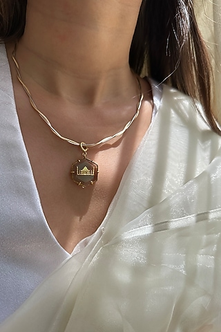 Gold Finish Smoky Quartz Necklace In Sterling Silver by Eterno India