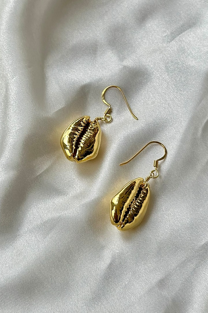 Gold Finish Cowrie Shell Dangler Earrings In Sterling Silver by Eterno India at Pernia's Pop Up Shop