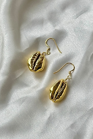 Gold Finish Cowrie Shell Dangler Earrings In Sterling Silver by Eterno India