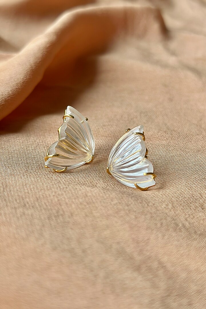 Gold Finish Quartz Stud Earrings In Sterling Silver by Eterno India at Pernia's Pop Up Shop