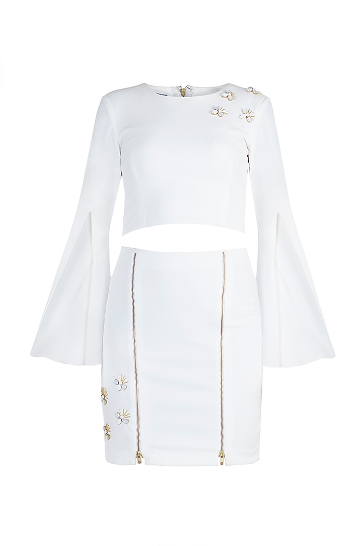 White Embellished Top With Mini Skirt by Etre