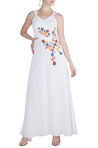 White Hand Embroidered Maxi Dress by Etre