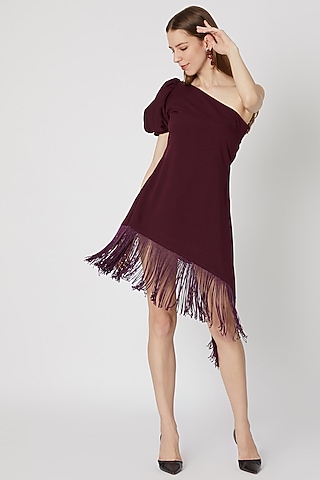 Burgundy One Shoulder Fringed Dress by Etre