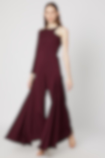 Burgundy Embellished & Ruffled Jumpsuit by Etre at Pernia's Pop Up Shop