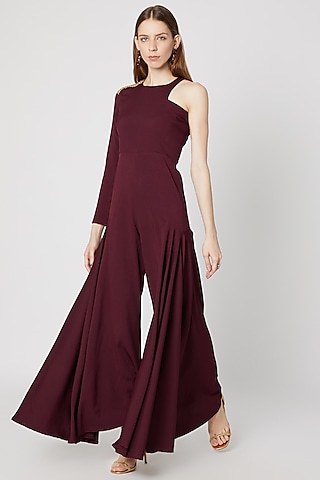 Burgundy Embellished & Ruffled Jumpsuit by Etre