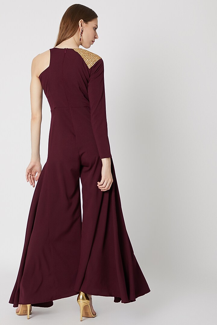 Burgundy Embellished & Ruffled Jumpsuit by Etre at Pernia's Pop Up Shop