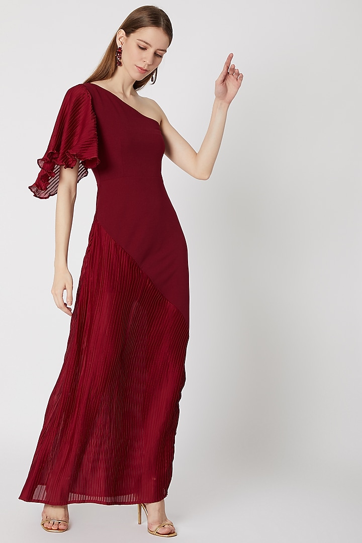 Burgundy One Shoulder Pleated Gown by Etre