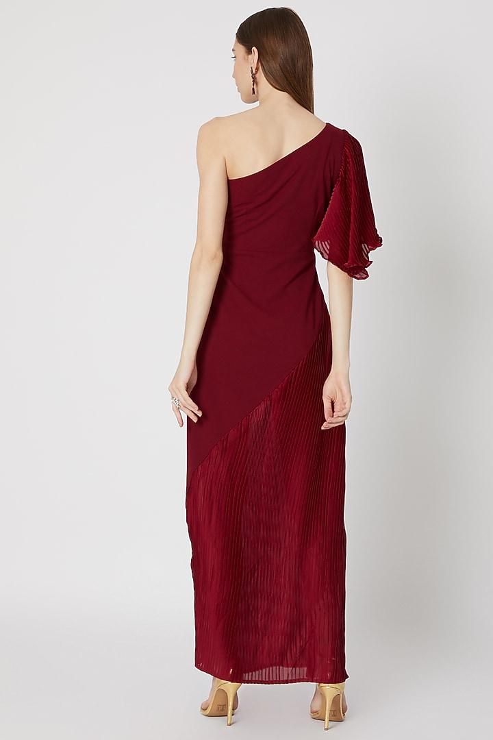 Burgundy One Shoulder Pleated Gown by Etre at Pernia's Pop Up Shop