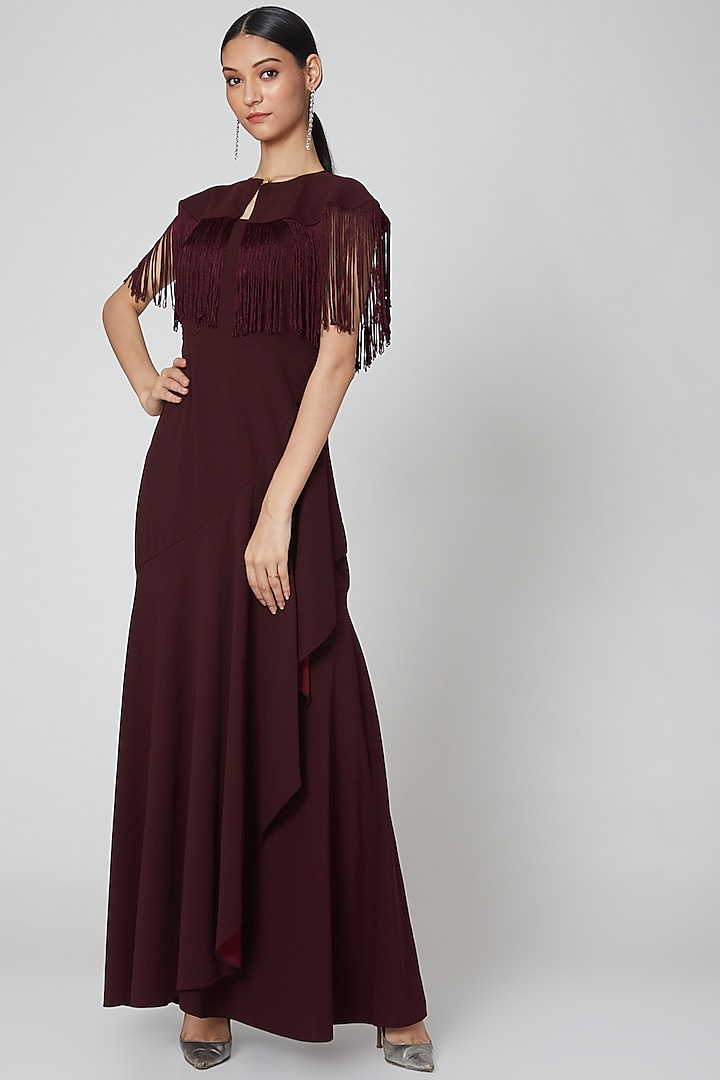 Wine Maxi Dress With Cape by Etre