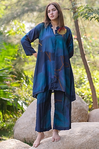 Blue Viscose & Modal Digital Printed Kurta Set by ETAR