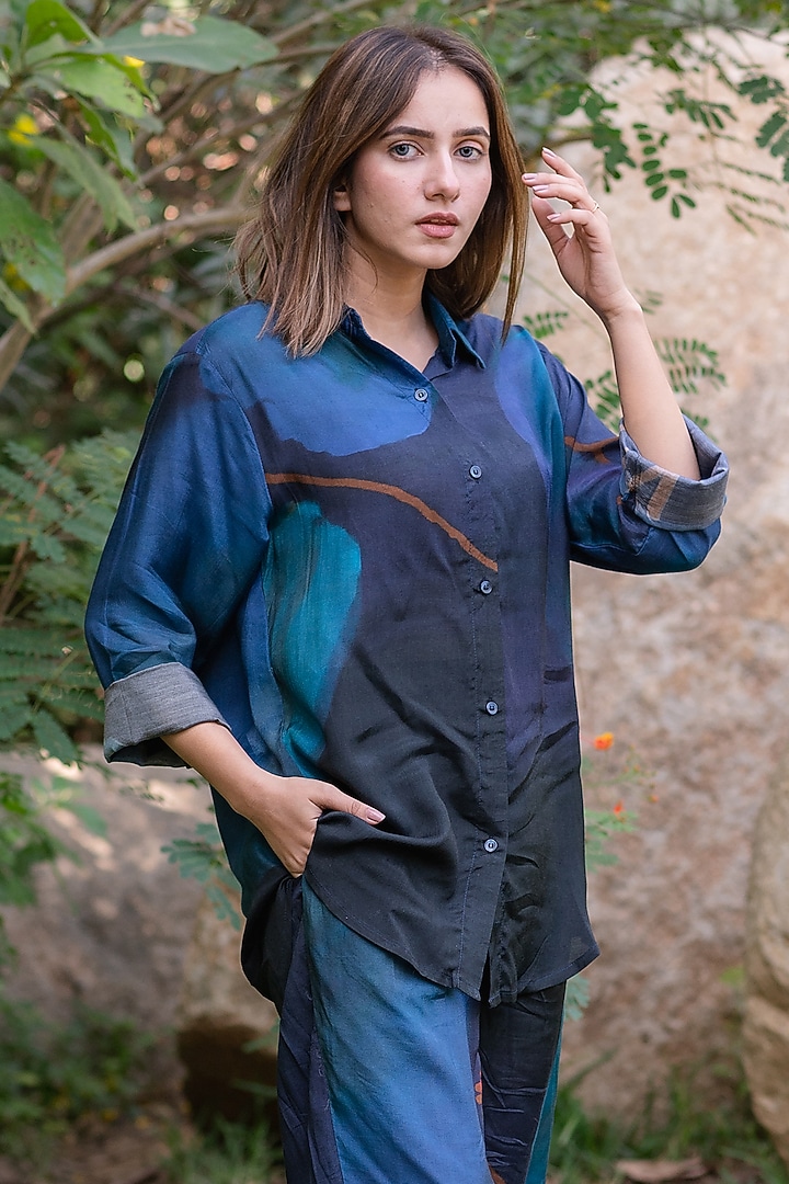 Blue Viscose & Modal Digital Printed Co-Ord Set by ETAR at Pernia's Pop Up Shop