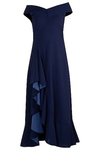 Navy Blue Bardot Ruffle Maxi Dress Design by Etre at Pernia's Pop Up ...