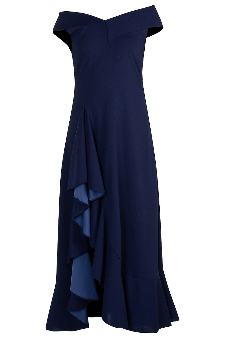 Navy Blue Bardot Ruffle Maxi Summer Dress by Etre at Pernia's Pop Up Shop