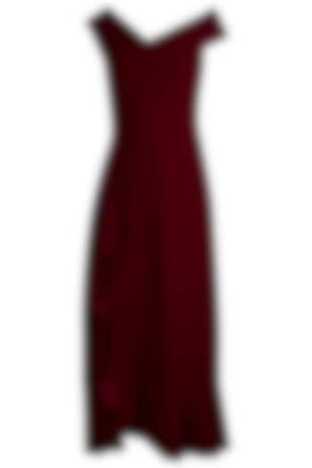 Deep Maroon Bardot Ruffle Maxi Dress by Etre