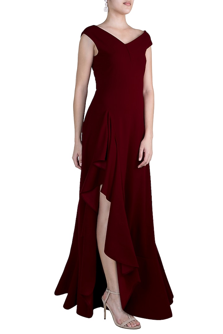 Deep Maroon Bardot Ruffle Maxi Summer Dress by Etre at Pernia's Pop Up Shop