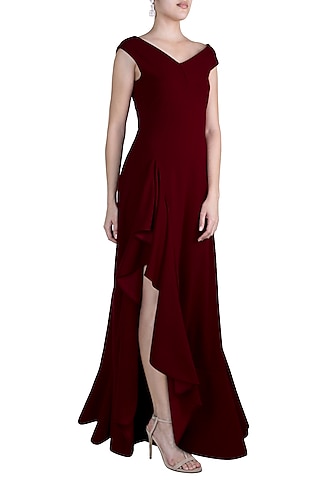 Deep Maroon Bardot Ruffle Maxi Dress by Etre