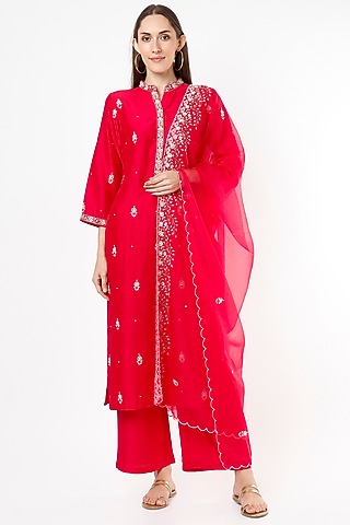 Cherry Red Embroidered Kurta Set by Euphoria