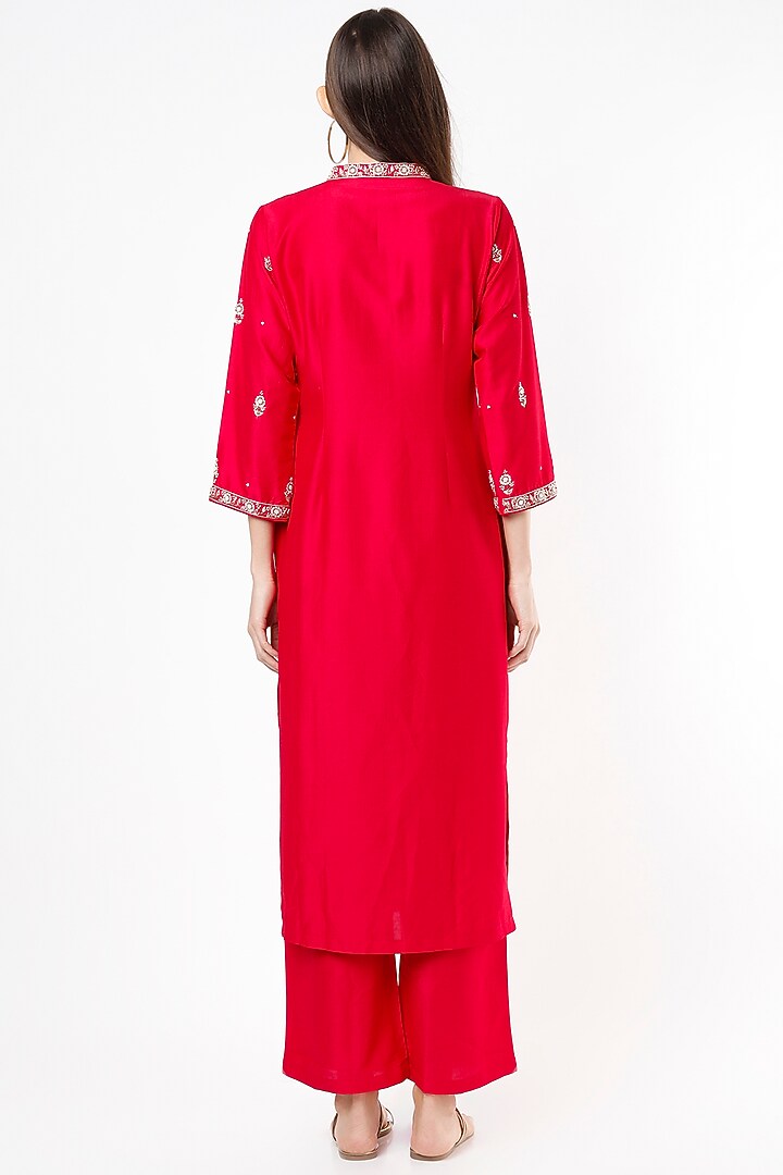 Cherry Red Embroidered Kurta Set by Euphoria at Pernia's Pop Up Shop